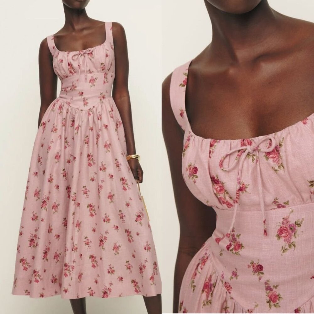 Reformation Balia Pink Roses Linen Dress NWT